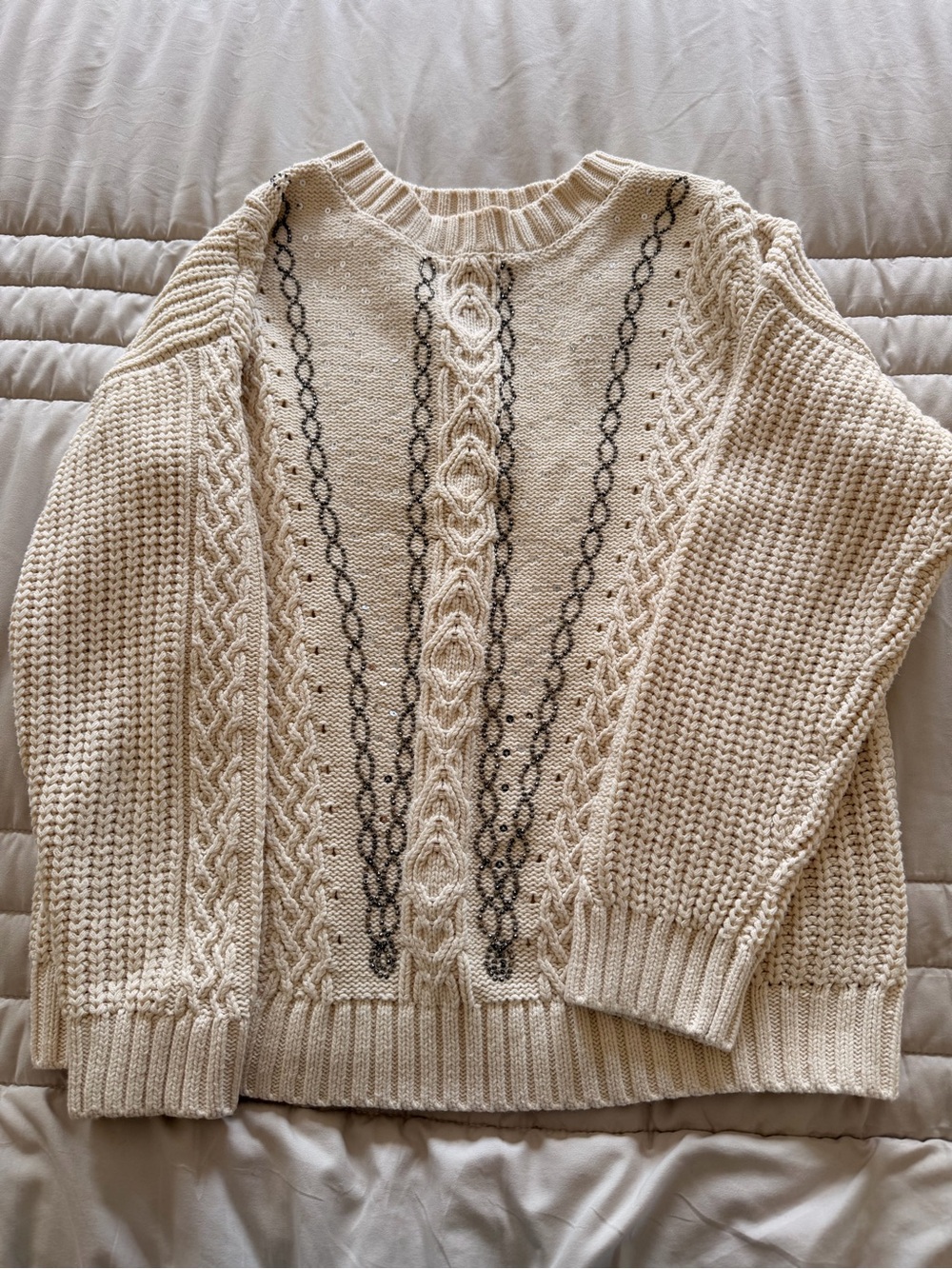 Francesca's Collections Cream Cable Knit Sweater with Black Chain Stitching
